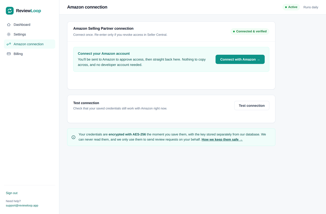 The Amazon connection screen in ReviewLoop, showing a Connect with Amazon button and the connection status reading Connected and verified.