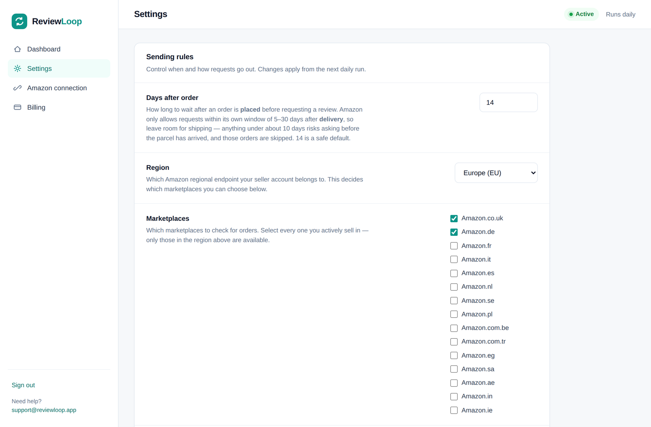 The ReviewLoop settings screen, showing days after order, region, marketplace checkboxes, the weekly email report toggle and the automation toggle.